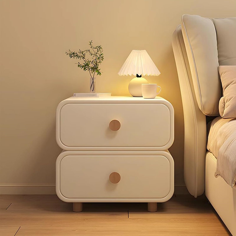 Modern Cream Nightstand with 2 Drawers, Solid Wood Round Handle & Rounded Corner Design, Small Bedside Table for Bedroom, Nursery & Small Space
