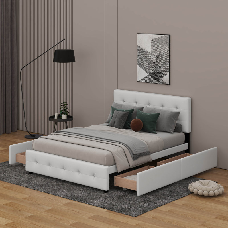 Grand lit plateforme tapissier avec tête de lit classique et tiroirs, Blanc
