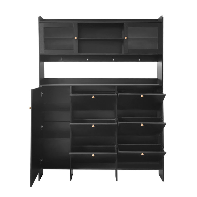 Hall Tree Multifunctional Tipping Bucket Shoe Cabinet with Storage Shelf & 6 Flip Drawers, Large Hall Tree with Tempered Glass Doors, Foyer Cabinet with 4 Hooks for Hallway