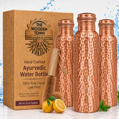 3 Hammered Copper Water Bottle Set with Brush – 32 oz