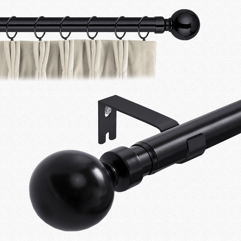 Aspire Homeware Adjustable Plain Metal Ball Curtain Rod With Hardware Accessories, Matte Black, 120cm – 210cm