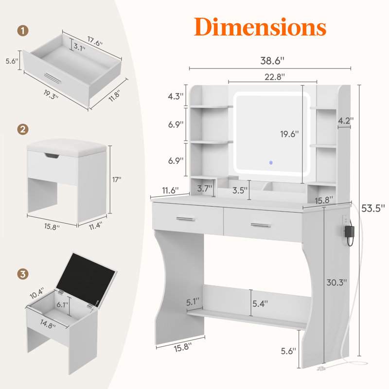 Coiffeuse avec miroir et lumières à DEL, couleur / luminosité réglable, 2 prises de courant / 2 ports USB, bureau de maquillage blanc avec tabouret de rangement, 8 tablettes ouvertes, 2 tiroirs, 2 supports à rouge à lèvres, tablette inférieure