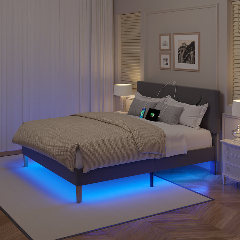  Tête de lit tapissier à DEL avec station de charge et port USB, support de lit plateforme en bois, aucun sommier nécessaire
