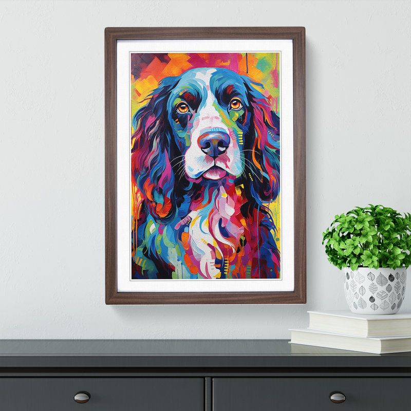 English Springer Spaniel Expressionism - Single Picture Frame Print on Wood, Walnut, 46cm H x 34cm W x 2cm D
