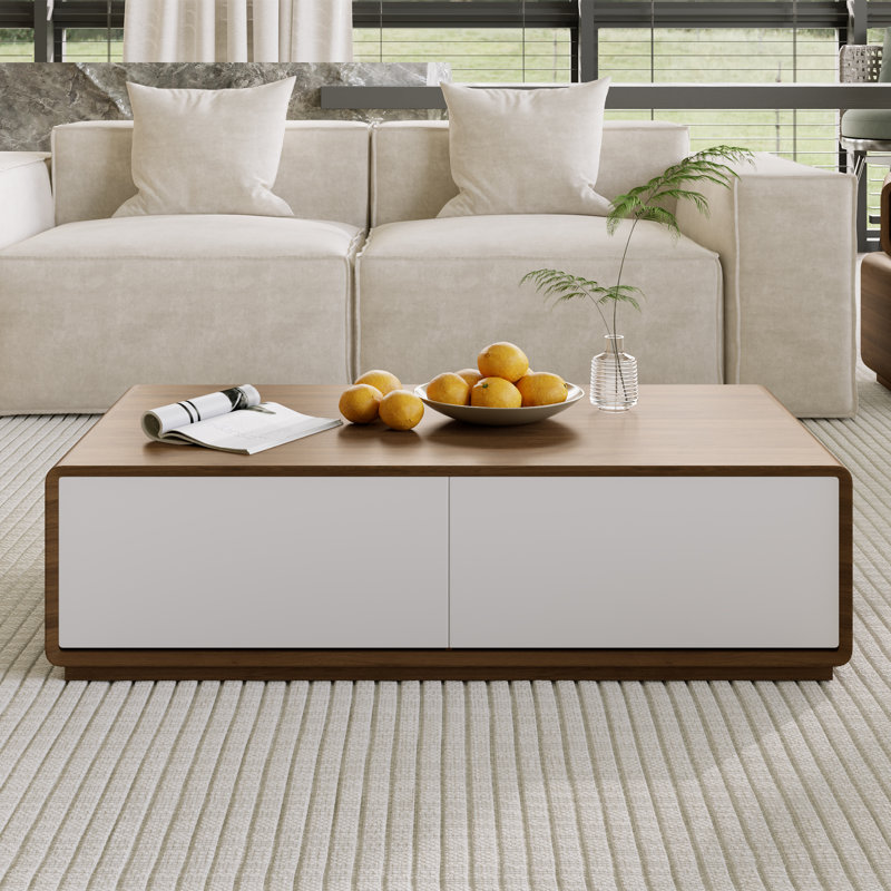 Table basse de 51 po rectangulaire en bois avec rangement, table basse moderne Mid-Century à 4 tiroirs, conception à deux tons, entièrement assemblée, blanc noyer