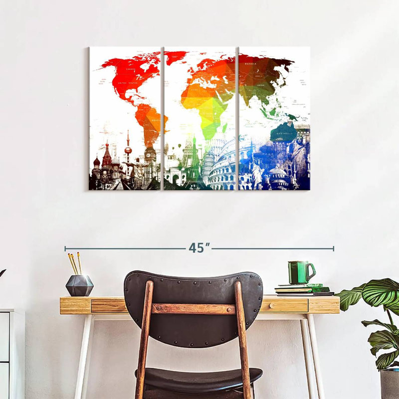 " Rainbow World Map " by Naomi Heart 3 - Pieces, 38" H x 24" W x 1.25" D