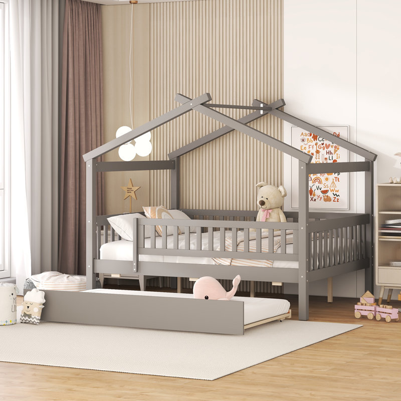 Lit en bois avec lit gigogne simple, Gris
