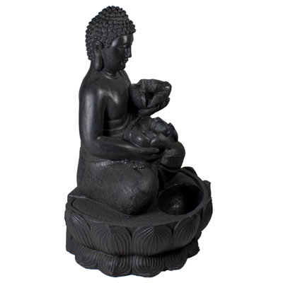 31.5" Black Buddha in a Flower Outdoor Garden Water Fountain
