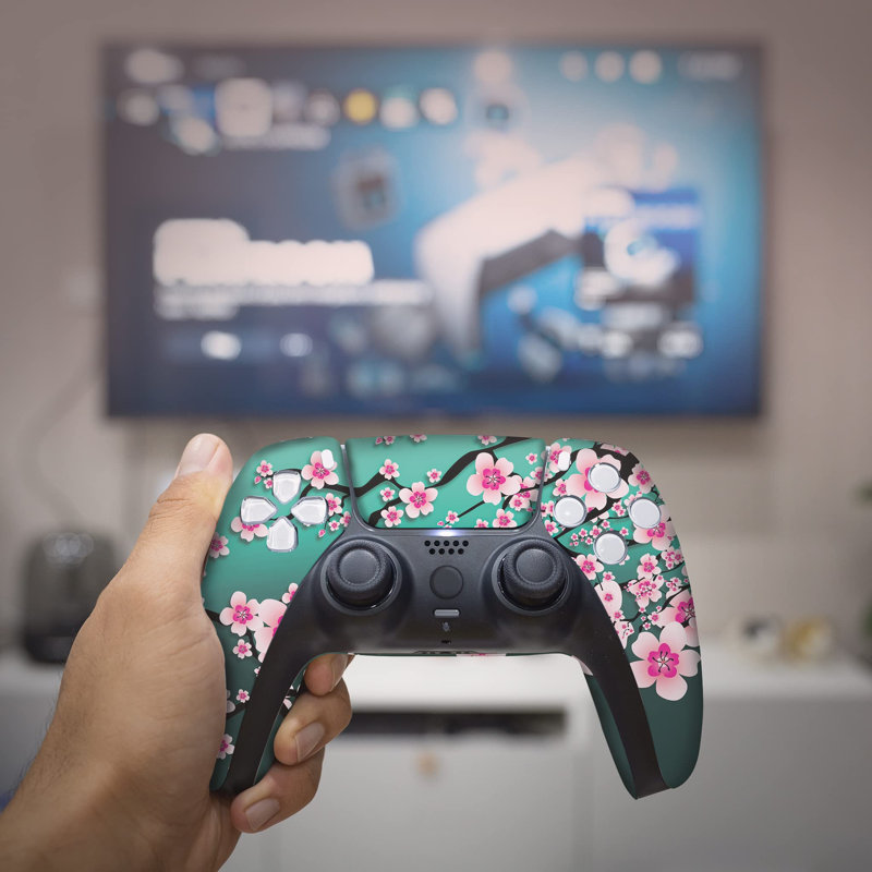 Cherry Blossom PS-5 personnalisé sans fil compatible avec la console Play-Station 5 de BCB Controllers | Fièrement personnalisé aux États-Unis avec une impression permanente par HYDRO-DIP (PAS JUSTE UNE PEAU)
