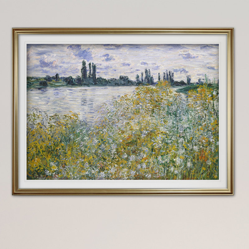 Fleurs sur les rives par Claude Monet - reproduction, H 20 po x l 24 po, Impression encadrée, Doré