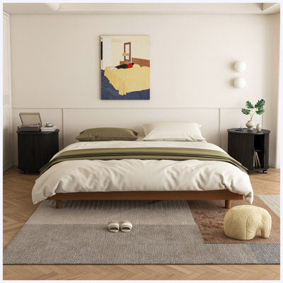 Table de chevet à cylindre Mid-Century moderne avec station de charge intégrée et porte coulissante, table de chevet ronde à 2 niveaux avec ports USB, noir