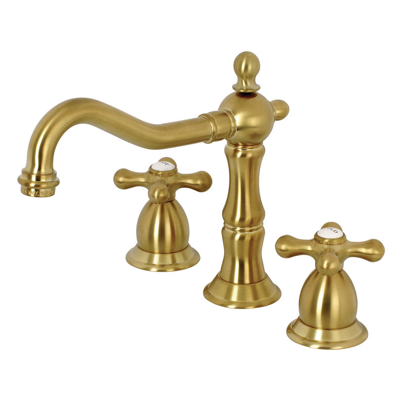 Kingston Brass Heritage Two-Handle 3-Hole Deck Mount Widespread Bathroom Faucet with Brass Pop-Up Drain, Satin Brass/White