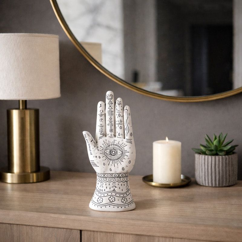Artistic Resin Hand Statue with Tattoo Style for Home Decor - Decorative Sculpture Object Accent for Office Styling or Living Room Display - White
