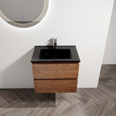 Meuble-lavabo mural 24 po avec lavabo en céramique noire, 2 tiroirs à fermeture en douceur