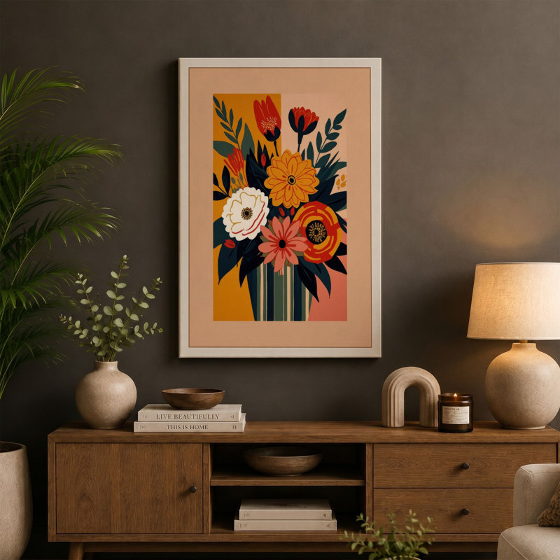 Striped Vase and Blooms Botanical - Wrapped Canvas, 24x16 - 61.0 x 40.6 cm, Ochre Border