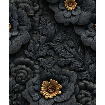 Papier peint floral, murale noire, décoration murale dorée