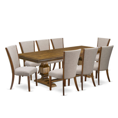 L'ensemble de table de salle à manger 9 pièces se compose d'une table de cuisine et de 8 chaises de salle à manger en tissu de lin brun clair avec dossier capitonné - Finition noyer antique