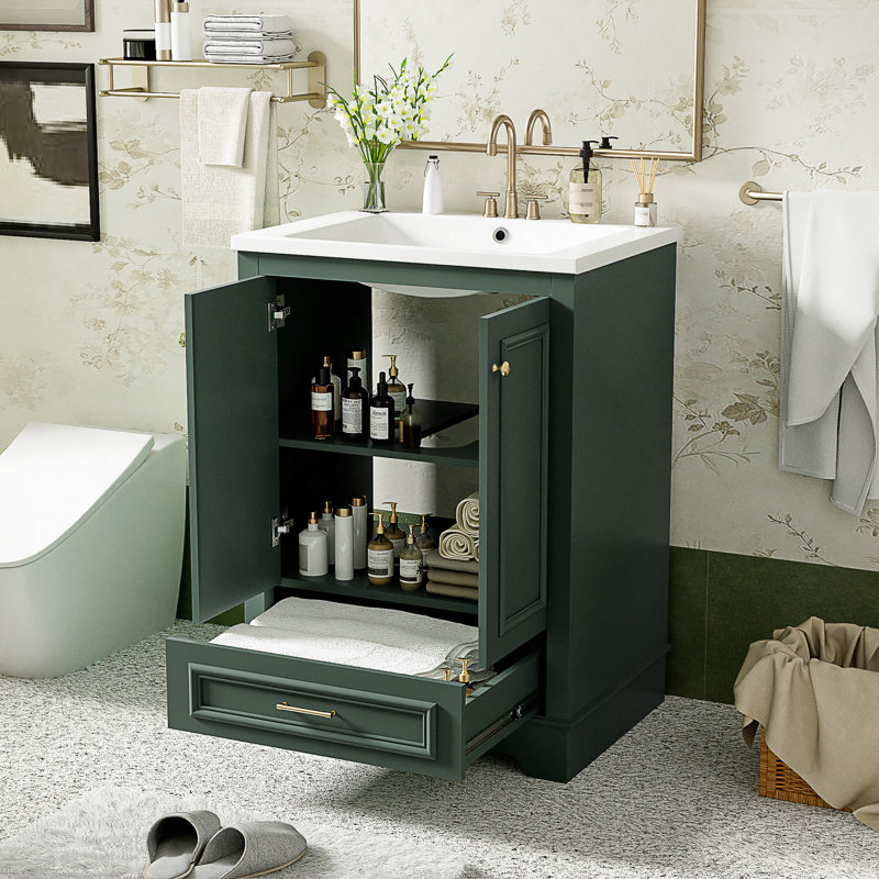 Meuble-lavabo autoportant moderne de 24 po avec lavabo en céramique, portes à fermeture douce et rangement réglable