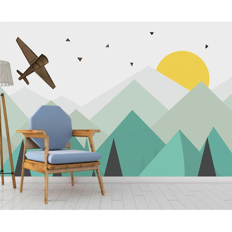 Papier peint amovible géométrique Triangle Green Mountains Sun Plane, L 114 po x l 204 po