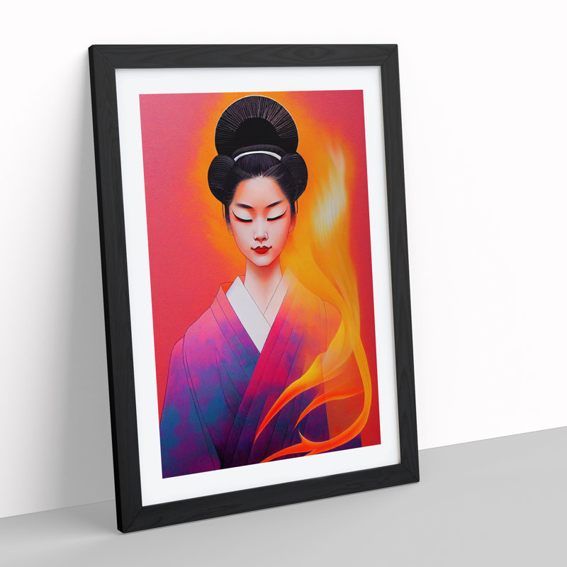 Geisha Flames - Single Picture Frame Painting, Black, 64cm H x 46cm W x 2cm D
