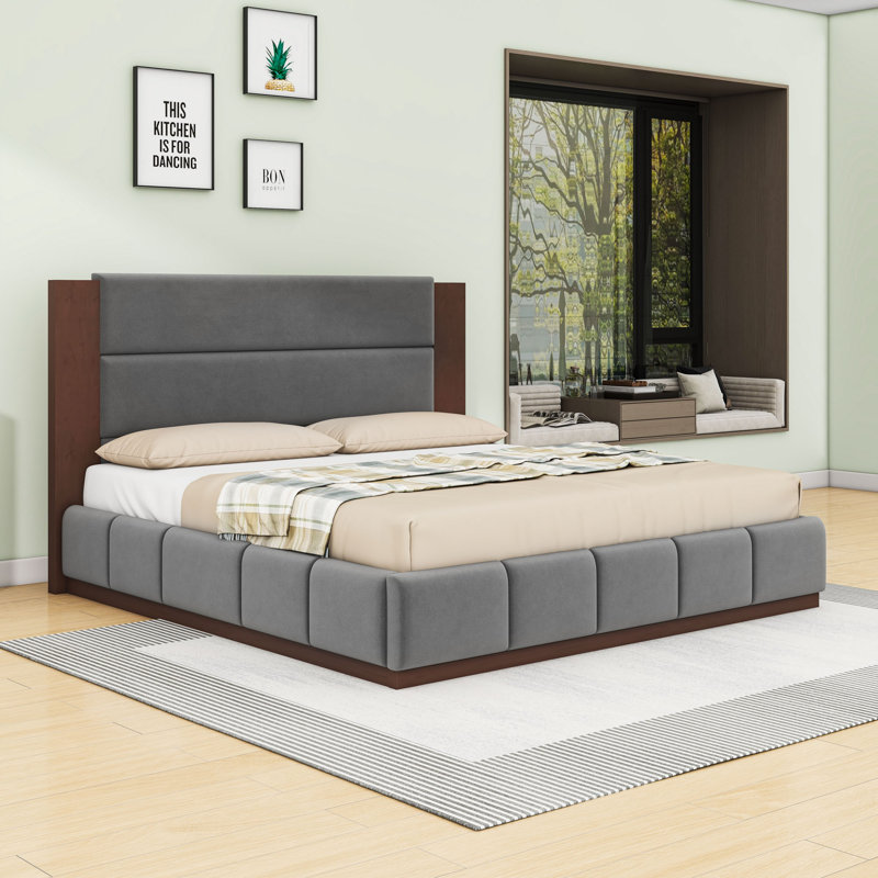 Base de lit plateforme tapissier Minimalist, Gris, Très grand lit