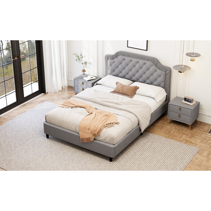 Élégant grand lit avec velours gris et tête de lit à boutons, sans sommier, base en bois massif, matelas préféré de 12 po
