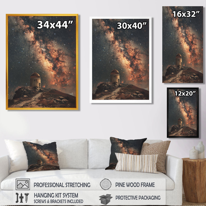 Décoration murale rétro observatoire Starlight Exploration, Toile encadrée noire simple, H 12 po x l 20 po x P 1 po