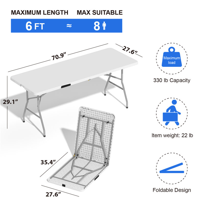 Table pliante robuste de 6 pi, portable à l'intérieur et à l'extérieur pour la maison, le bureau et les événements, Blanc