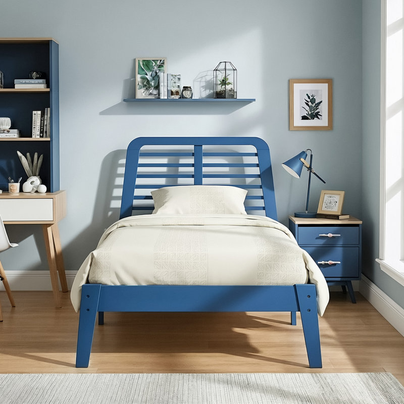 Allyannah Bustillo Modern Twin Platform Bed with Headboard, Blue