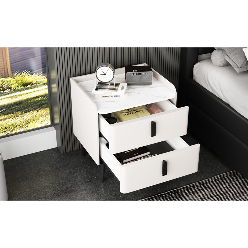 Table de chevet blanche moderne, plateau de table en marbre, 2 tiroirs, table de chevet avec rangement pour chambre à coucher avec couleur, pour et salon