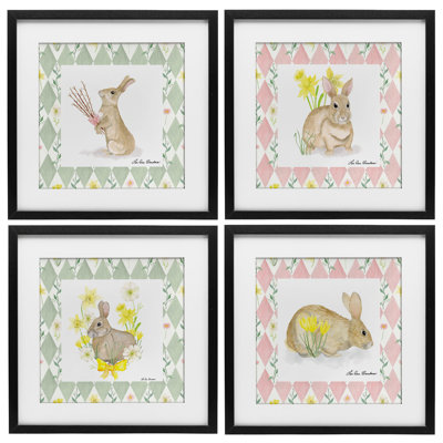 Spring Bunnies on Argyle, ensemble de 4 reproductions encadrées sous verre, par Lee Ann Sanders