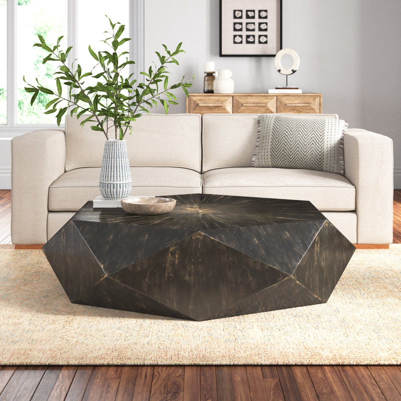 Geometric Worn Black Mango Wood Round Coffee Table