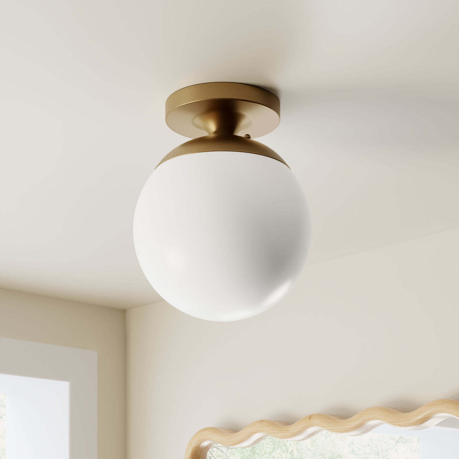 Meri Single Light Glass Semi Flush Mount, White, No, Satin Brass