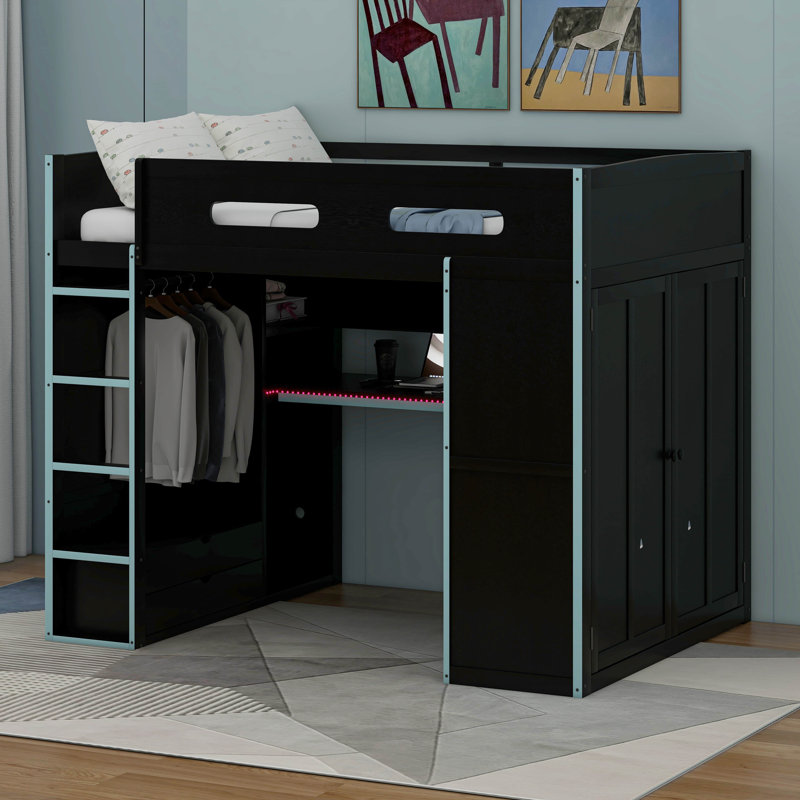 Lit mezzanine double en bois avec bureau, garde-robe, grand espace de rangement et lumière DEL RVB, Bleu nuage