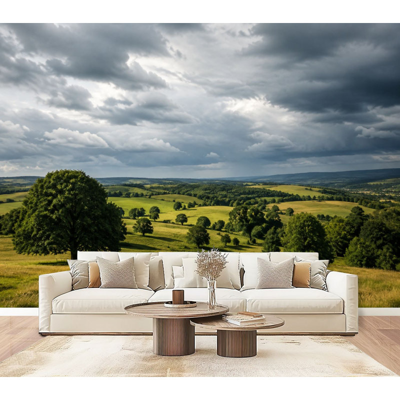 Papier peint adhésif paysage serein à la campagne Rolling Green Hills Trees Cloudy H 69 po x l 96 po, décoration murale auto-adhésive pour bureau à domicile