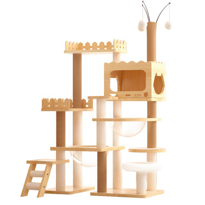Indoor Cat Tower 66.9", Wood Tree With - Covered Posts, Top Perch And Acrylic , Ideal For Multi Situations, Material 66.9" Cats, Scratching Posts Perch, Spacious Design Environments,