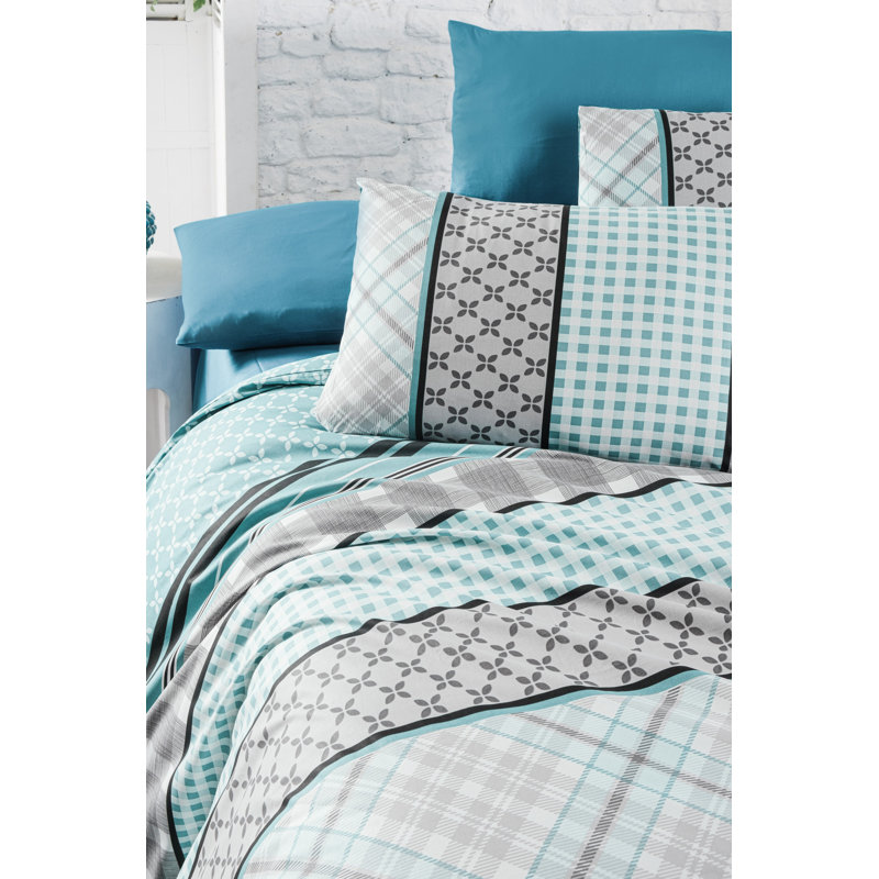 Elegant King Quilt Cover Set, 100% Cotton Ranforce, 94.5 x 86.6 inches | Includes 2 Pillowcases 23.6 x 23.6 inches | 142 Thread Count, Button Closure | Machine Washable, Stylish Green, White, Grey & Black Design
