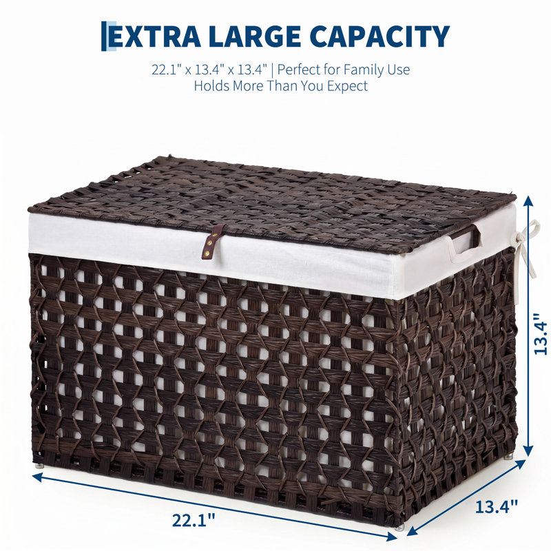 Panier de rangement en osier 64L avec couvercle, boîte à couvertures en rotin imperméable, bac de rangement, Brun