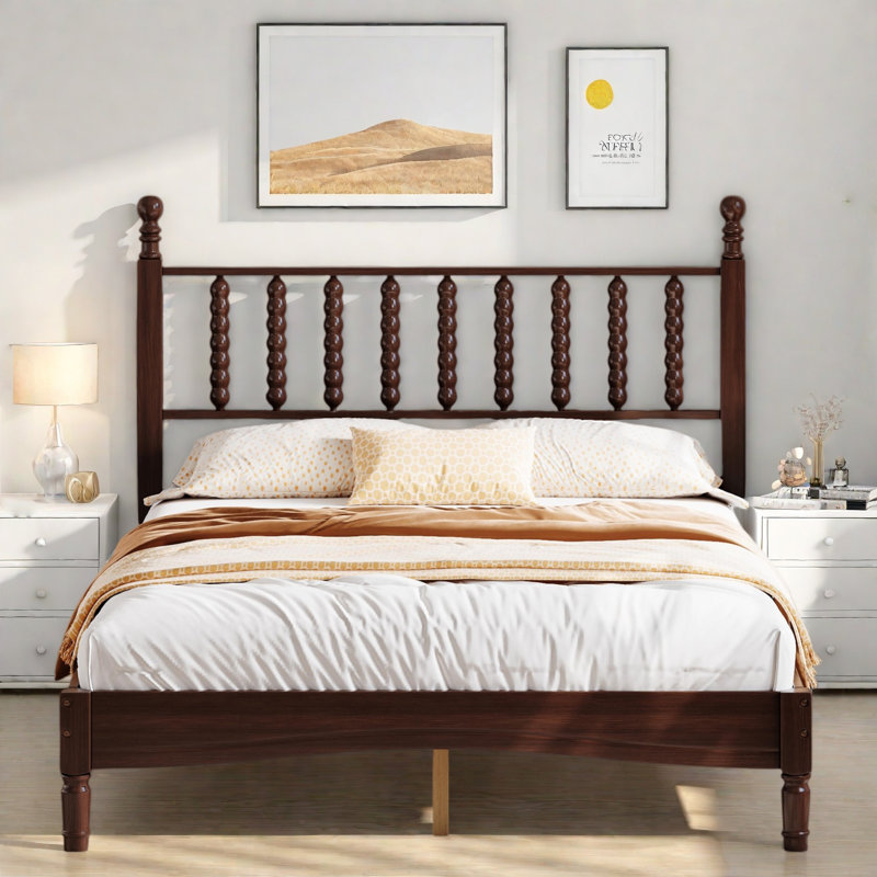 Lit plateforme en bois avec tête de lit en forme de gourde, Double
