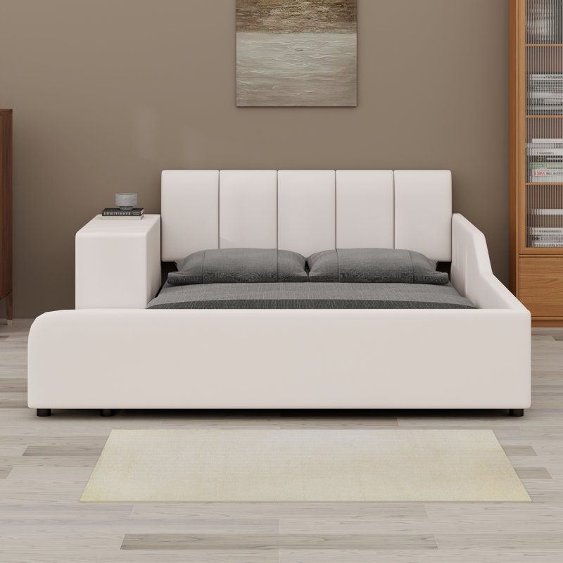 Cadre de lit en velours avec base de lit tapissier, cadre de lit mère et enfant avec bureau de chevet et petit tabouret rond