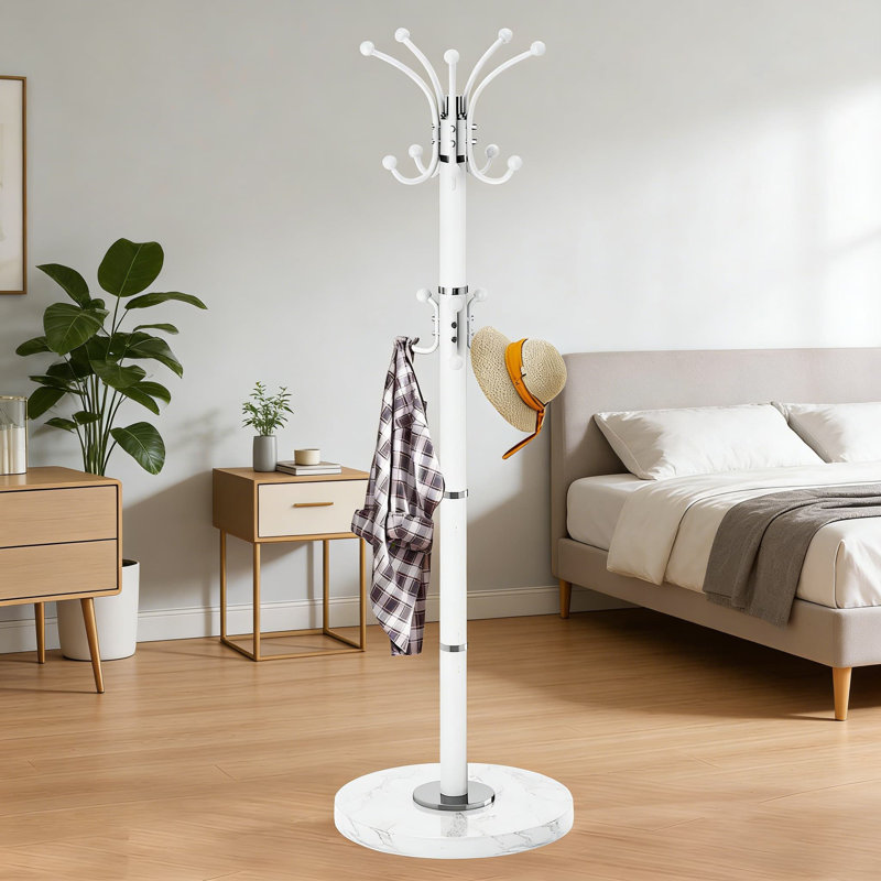 Heavy Duty Freestanding Coat Rack With 360 Degree Rotating Hooks And Natural Marble Base, Sturdy Steel Hall Tree Stand With 16 Hooks For Entryway, Living Room, And Office