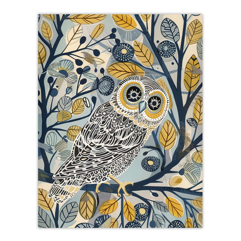 Owl on Tree Branch Blue Folk Art Pattern Wall Art Print