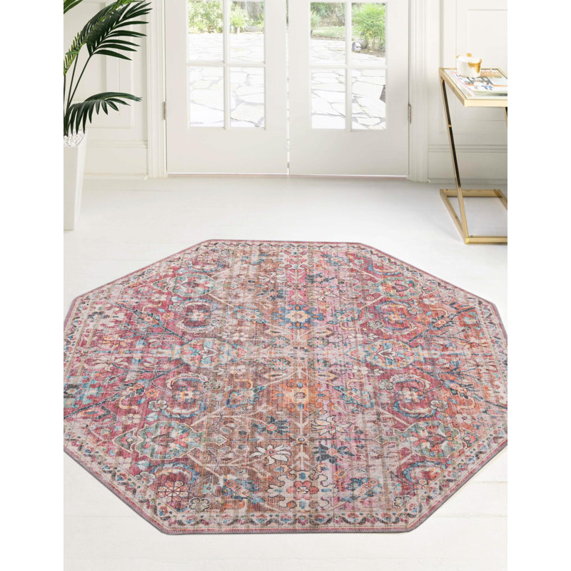 Tapis floral tissé à la machine Engelhardt en chenille ivoire / rose, Octogone 5 pi 3 po x 5 pi 3 po