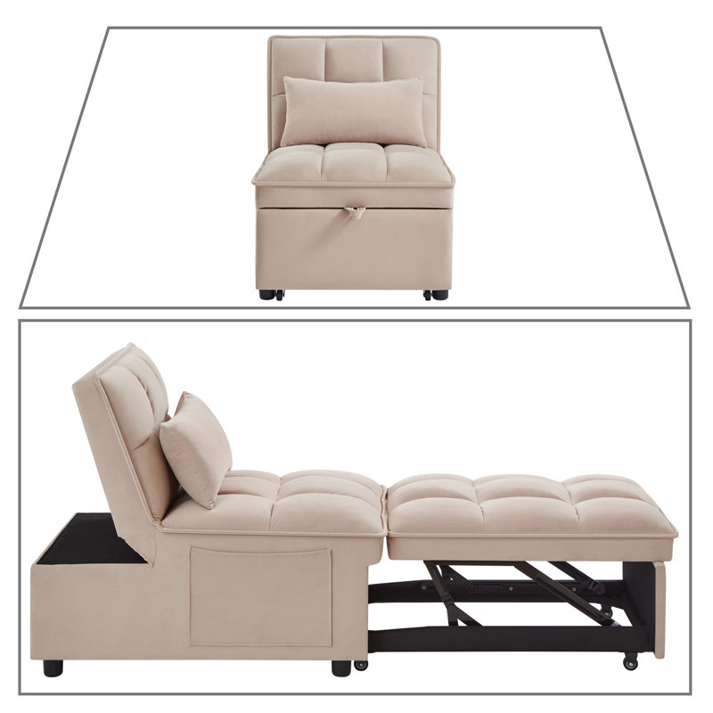 Modren Velvet Upholstered Convertible Futon Chair with Side Storage Pockets, Taupe Velvet