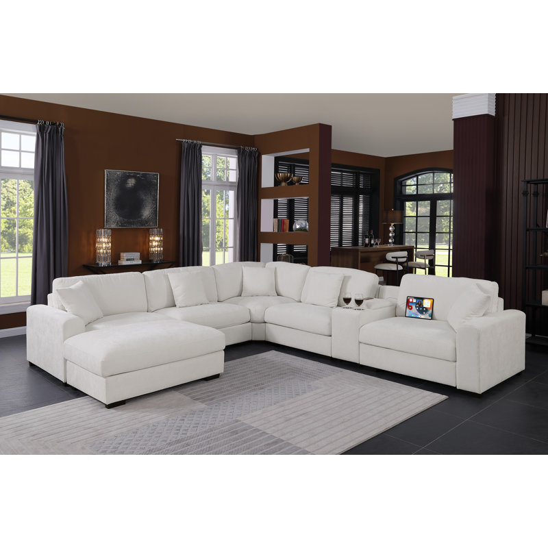Canapé modulaire d'angle rembourré moderne avec consoles, H 36 po x l 137,5 po x P 124 po, Chenille blanche