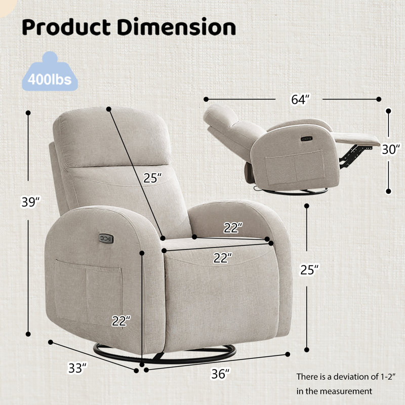 Power Nursery Recliner, Swivel Glider Chair with USB & Type-C Port, Rocker Reclining, Camel