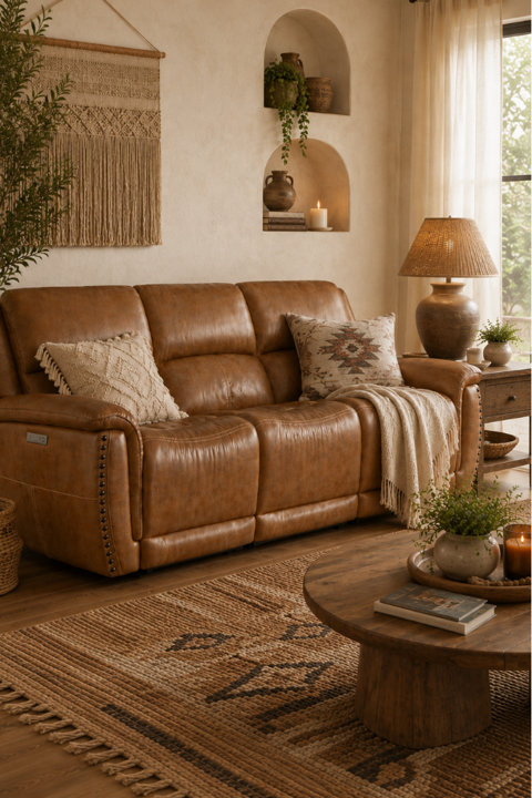 Brown leather reclining sofa with decorative pillows in a warm, rustic living room featuring a woven rug and arched wall niches.