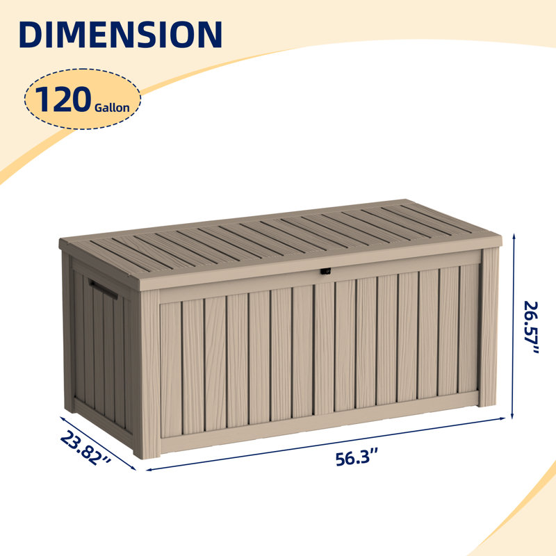 Emperic Design 120 Gallon Water Resistant Resin Lockable Deck Box, Light Brown