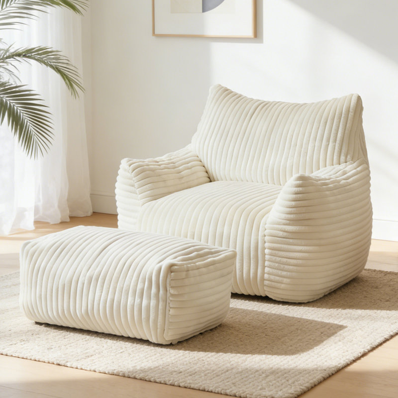 Large Corduroy Bean Bag Chair with Ottoman,Comfy Foam Filled Lazy Sofa For Adults, White Cotton Blend