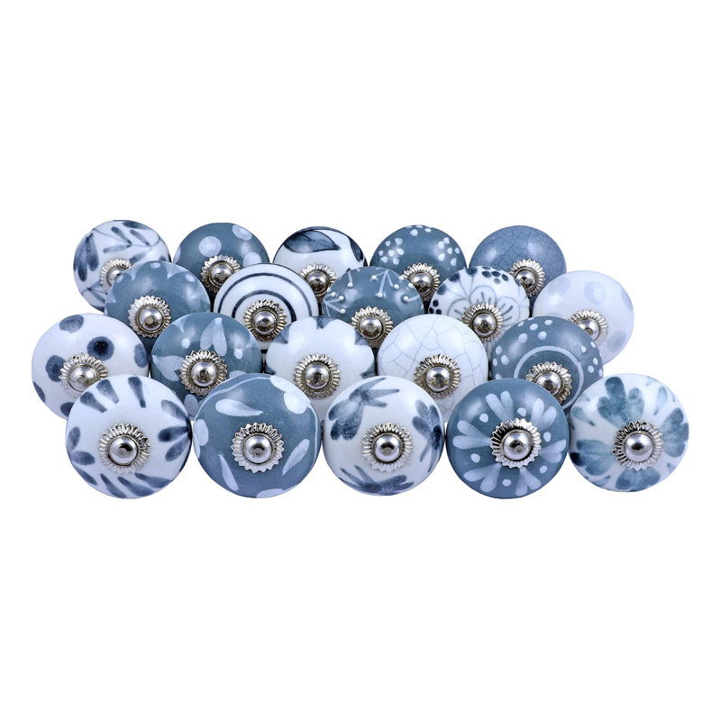 20 Knobs Grey & White Cream Hand Painted Ceramic Knobs Cabinet Drawer Pull Pulls